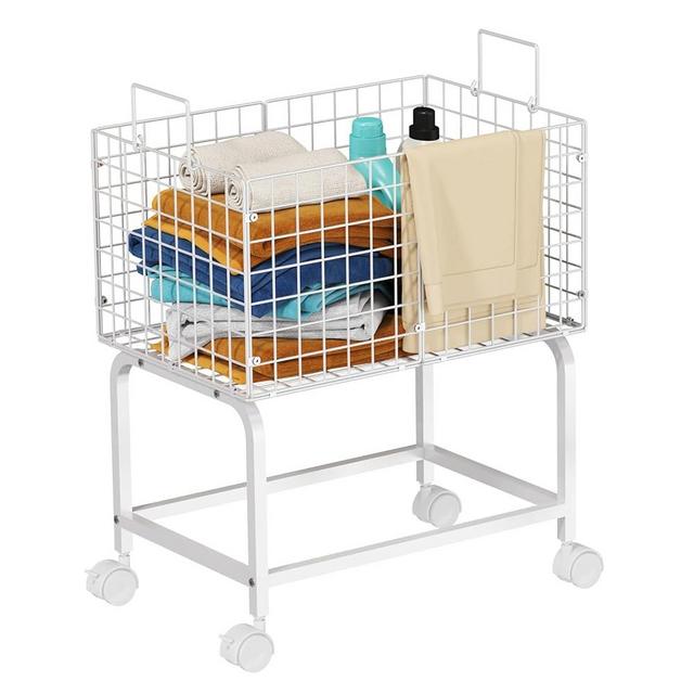 Wire Laundry Hamper Cart,80L Laundry Hamper Trolley with Pull Handle,White High Laundry Basket Cart for Laundry Room,Bathroom,Bedroom-White（23.6 * 15.75 * 28inch）