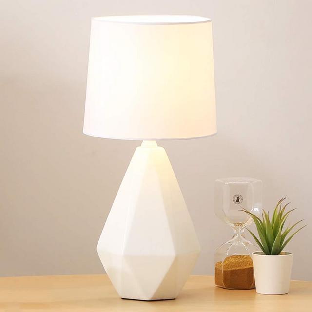SOTTAE Modern Ceramic Small White Irregular Geometric Livingroom Bedroom Bedside Table Lamp, Desk Lamp with White Fabric Shade