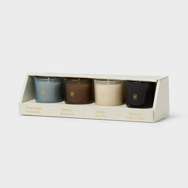4pk Glass Votive Charcoal Black Teak/Tobacco Bergamot/Rainwater Lily/Amber Sunrise Jar Candle Set - Threshold™