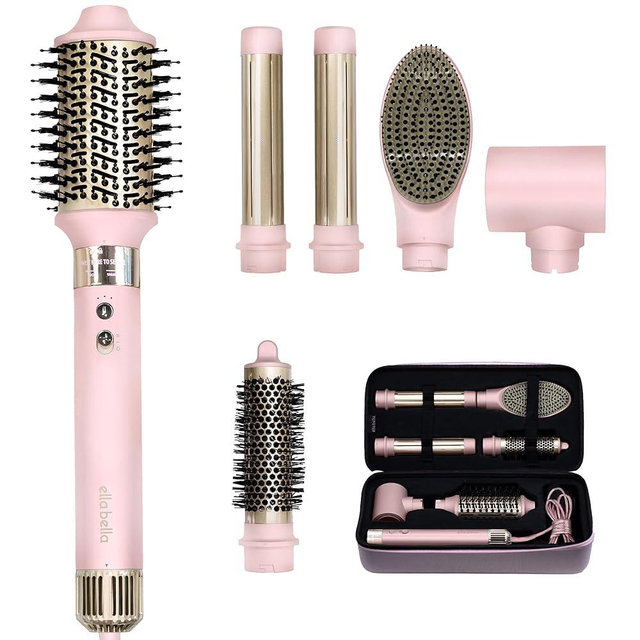 ELLA BELLA® 6 in 1 Professional Hot Air Styler • Powerful Hair Dryer & Straightener Set • Styling Without Heat Damage • Fast Drying Curling Volumizing Straightening • Protective Travel Case (Pink)
