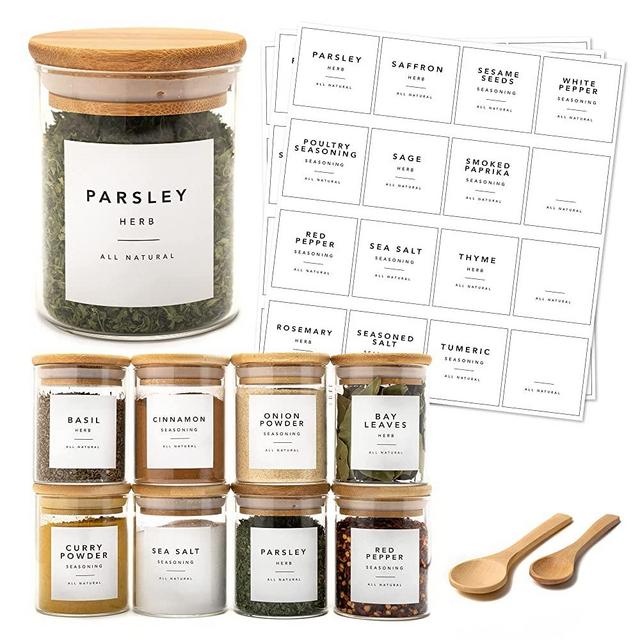 Glass Spice Jars with Bamboo Lids. 6oz Glass Jars with Lids. 12x Seasoning Containers for Organizing, 40x Pantry Organization and Storage Labels, 2x Wood Spoons. Airtight Glass Jars