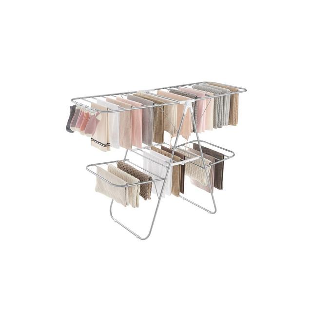 SONGMICS 2-Level Clothes Drying Rack Laundry Drying Rack with Height-Adjustable Wings 33 Drying Rails Sock Clips Silver and White