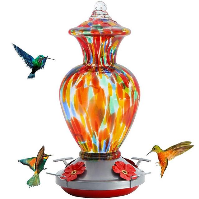 Birdkiss Hummingbird Feeder for Outdoors Hanging, Hand Blown Glass Hummingbird Feeder Ant Proof with Perch, 28 Fluid Ounces, Leak Proof, 4 Feeding Ports, Include Hook, Ant Moat, Rope, Brush