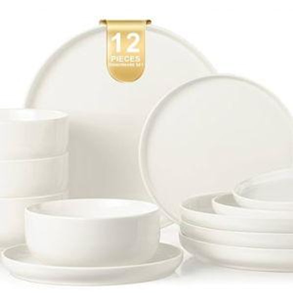 Plates and Bowls Sets, 12 Pieces Ceramic Dinnerware Set for 4, Stoneware Dishware Dishes Set, Scratch Resistant Dishes Set, Dishwasher & Microwave Safe, White