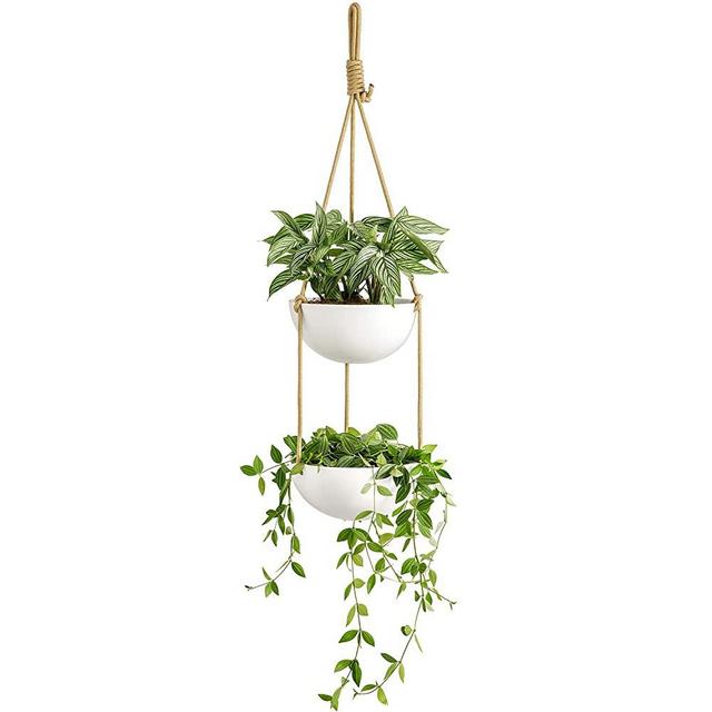 Mkono 9 Inch Ceramic Double Hanging Planter 2 Tier Round Flower Plant Pot Porcelain Hanging Basket with Polyester Rope Hanger for Indoor Outdoor Herbs Ferns Ivy Modern Vertical Garden, White