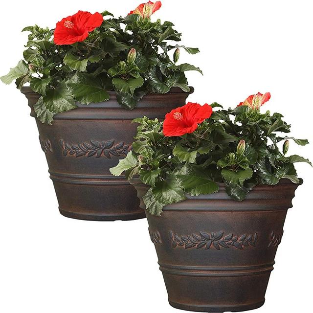 Sunnydaze Laurel Flower Pot Planter, Outdoor/Indoor Heavy-Duty Double-Walled Polyresin, UV-Resistant Rust Finish, Set of 2, 13-Inch Diameter