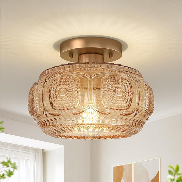 OYKYOHEI Semi Flush Mount Ceiling Light, Amber Globe Glass Ceiling Light Fixture, Art Deco Kitchen Lighting fixtures Ceiling for Hallway Porch Corridor Bedroom, Bulb Not Included