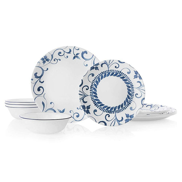 Corelle 3516 12-Piece Dinnerware Set Service for 4, Chip Resistant, Glass, Artemis, Vitrelle