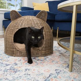 Cat Ear Coastal Handwoven Rattan Cat Bed with Cushion