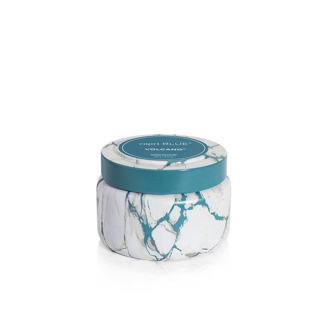 Capri Blue Volcano Scented Candle - Modern Marble Printed Travel Tin Jar Candle - Luxury Aromatherapy Candle - Single Wick Soy Candle - Pacific Blue Colored Candle with Marble Design (8.5 oz)