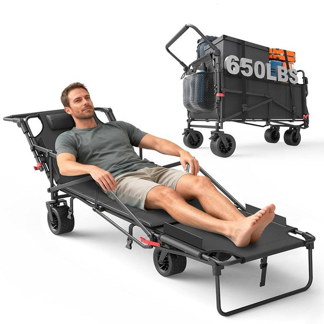 LEVELEVE Heavy Duty Folding Wagon - 2-in-1 Collapsible Cart, 650lb Capacity, All-Terrain Wheels w/Brakes & Side Pockets (Dark Gray)