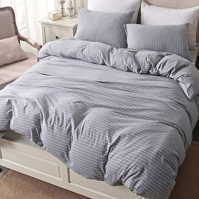 PURE ERA Duvet Cover Set 100% Cotton Jersey Knit Heathered Bedding Grey White Stripes King, Super Soft Comfy, with Zipper Closure (3pc Set, 1 Comforter Cover + 2 Pillow Shams)
