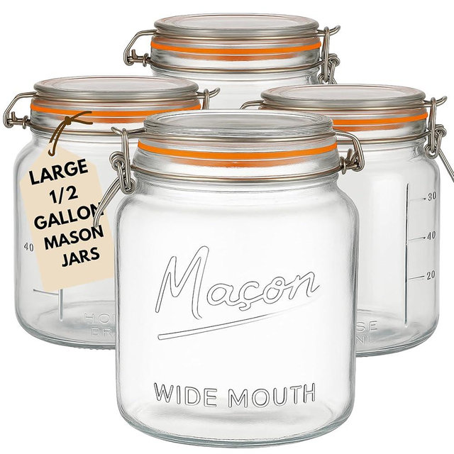 kitchentoolz Large Glass Mason Jars with Airtight Lids - Half Gallon Food Storage & Canning Jars with Measurement Markings - Kitchen Pantry Containers for Flour, Sugar & Dry Goods - 64 oz (4pk)