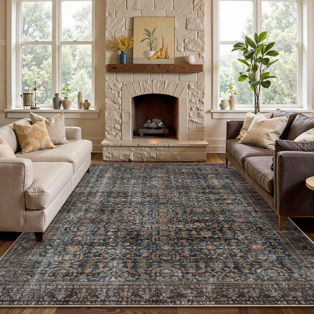 Collive Washable Area Rug 8x10, Antique Distressed Rugs for Living Room, Vintage 8x10 Non Slip Farmhouse Modern Bedroom Carpet Stain Resistant Print Accent Floor Mat for Dining Office - Brick