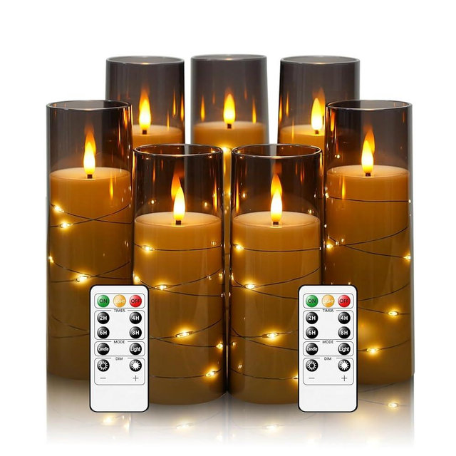 Eebuss Flameless Candles with Embedded Star String, Battery Operated LED Pillar Candles with Timer and Remote Control,Home Decorating for Ambiance， Set of 7 (D 2.3"×H 5" 5" 6" 6" 7" 7" 7")(Grey)