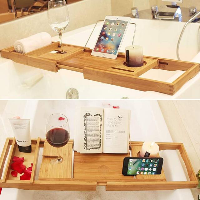BAMBUROBA Bathtub Caddy Tray Bamboo Bathroom Organizer with Expandable Sides Holder for Book Glass Towel