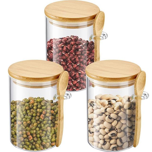 3 Sets Glass Jars with Bamboo Airtight Lid and Bamboo Spoons, Clear Sugar Container 17 oz Glass Storage Containers with Lids Food Glass Canisters with Airtight Lids for Coffee Beans Tea Flour Nuts