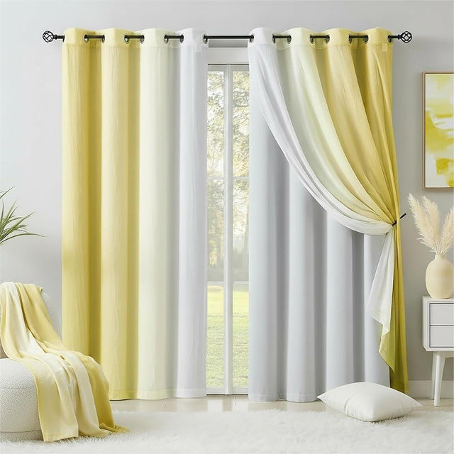 Yellow Blackout Curtains with Ombre Sheers Overlay 84 Inch Long for Living Room Bedroom Decor, Mix and Match Double Layer 90% Blackout Window Drapes for Girls Room, Grommet Top, 52"W, 4 Panels