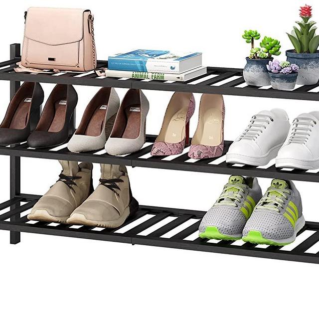 viewcare 3-Tier Long Black Shoe Rack, Bamboo Wood Shoe Rack for Closet, Entryway & Hallway, Stackable | Functional | Sturdy