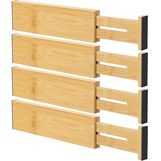 Ryqtop Bamboo Drawer Dividers Organizers, Kitchen Drawer Organizer, Adjustable Drawer Divider for Clothes, Kitchen, Dresser, Bedroom, Bathroom and Office, 4-Pack (12-17 in), Primary