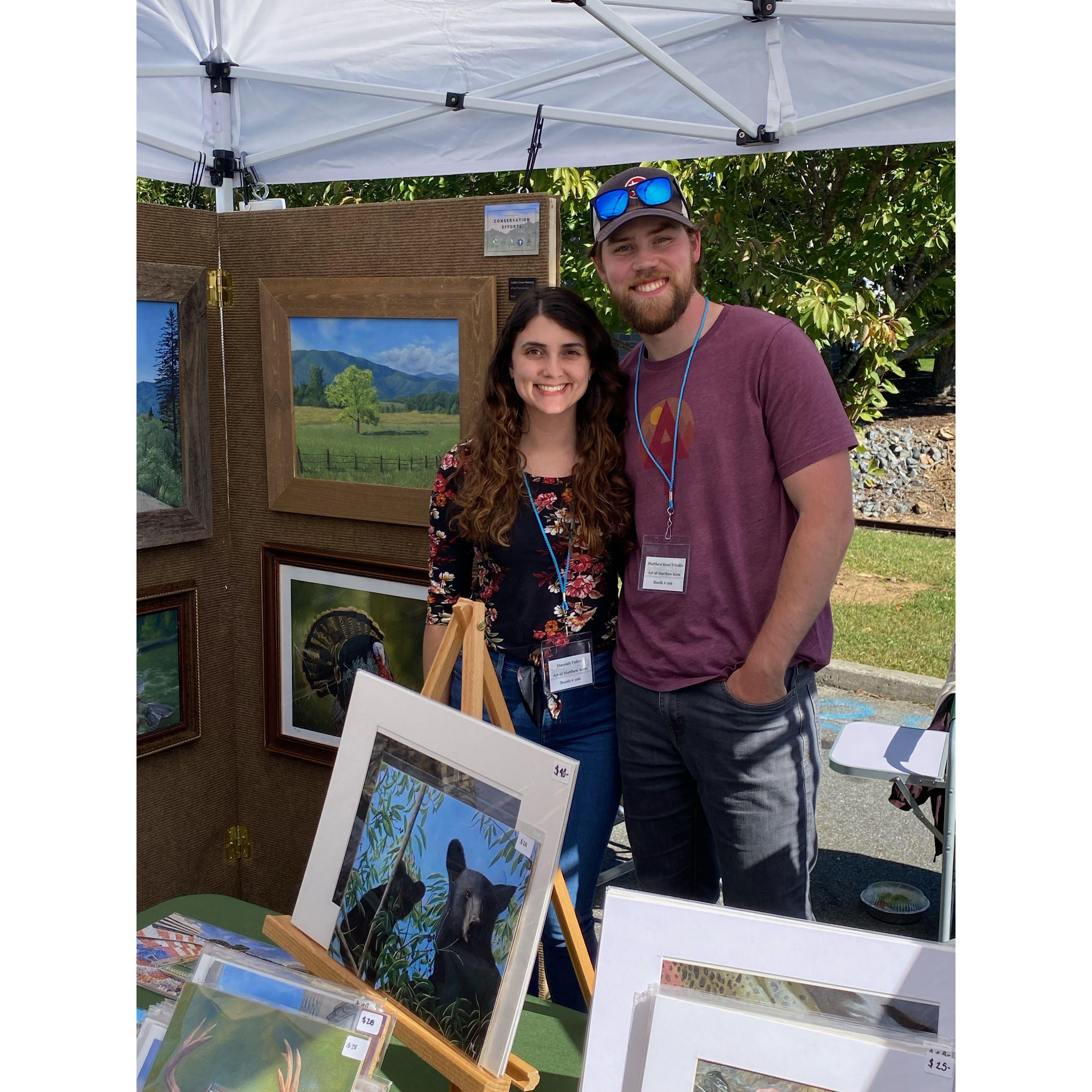 At Matt's art booth at Arts in the Park in Blue Ridge, the meeting of (most of) the families! October 2022