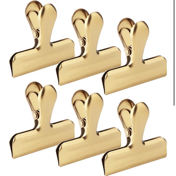 6pc-3 Inch Wide Stainless Steel Paper Clamps Heavy Duty Food Bag Clamp,Seal Clip, Chip Clips Metal Hinge Clip File Clamps for Kitchen&Office (Gold)