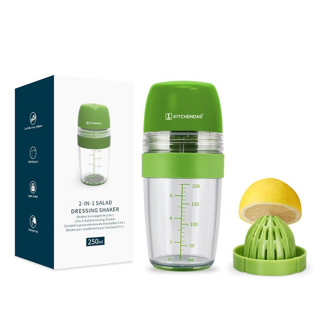 KITCHENDAO 2 in 1 Salad Dressing Shaker Bottle with Juicer, Pour Spout, Leakproof, Soft Grip, Dishwasher Safe, BPA Free Travel Homemade Oil and Vinegar Salad Dressing Container Mixer Dispenser, 1 Cup