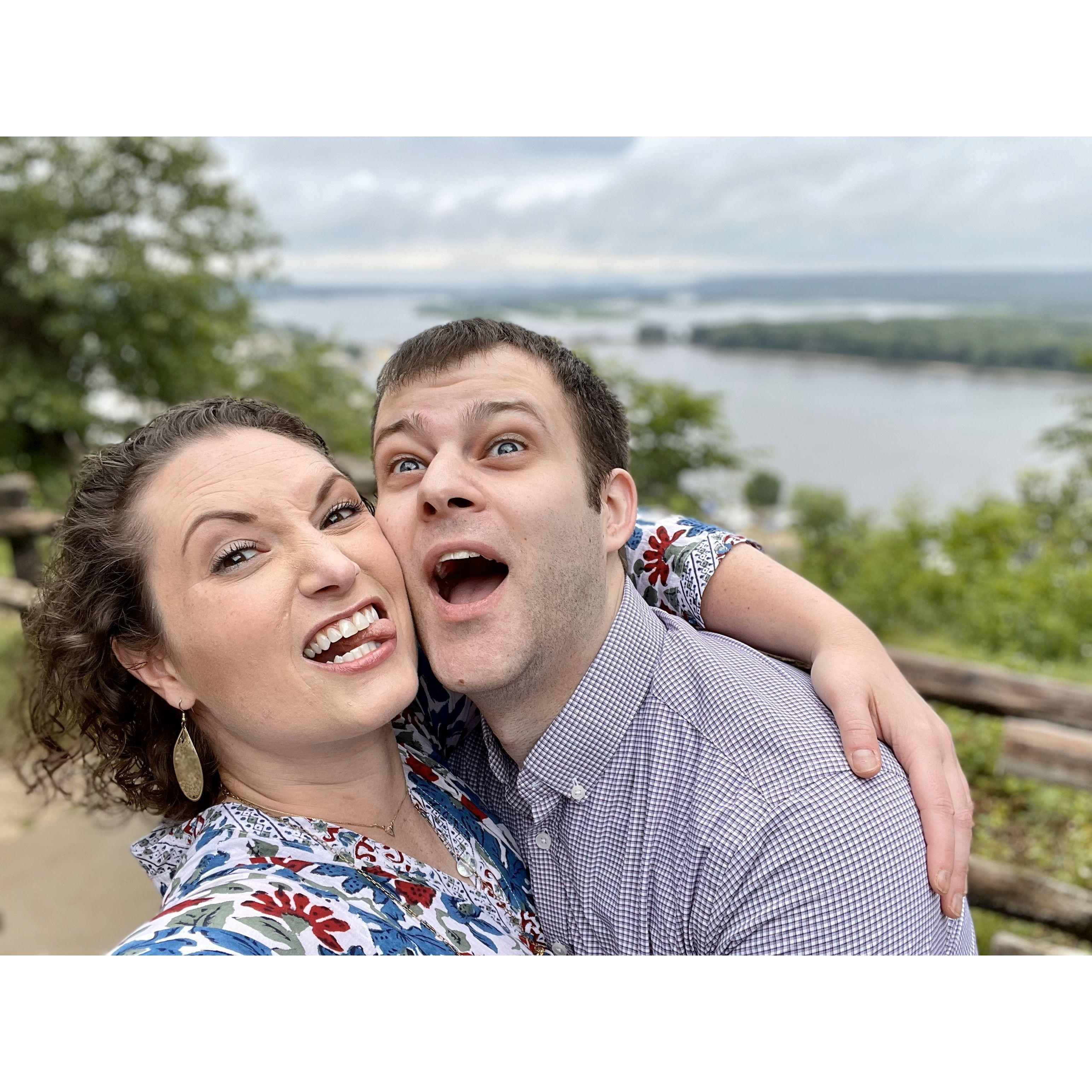 Goofing off. Mississippi River Overlook, visiting Alex's family, Bellevue, Iowa, summer 2021