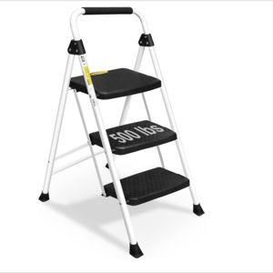 SocTone 3 Step Ladder, Folding Step Stool for Adults with Handle, Lightweight, Perfect for Kitchen& Household, 500lbs Capacity Sturdy Steel Ladder White