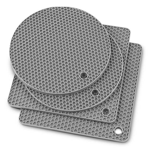 Cheer Collection 4-Pack Silicone Trivets – Non-Slip Heat-Resistant Mats for Hot Pots, Coasters, Drying, Jar Opening, Gray