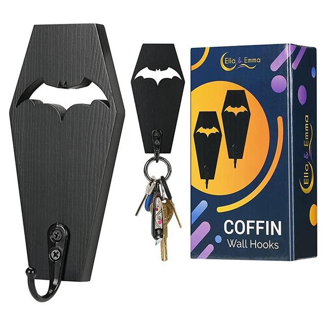 Wall Mounted Key Holder for Keys (Pack of 2) - Coffin Shaped Towel Holder, Coffee Mug Holder, Witchy Room Decor, Wood Key Hook, Mini Coffin Key Hanger - Wooden Hanging Hooks for Home and Bathroom