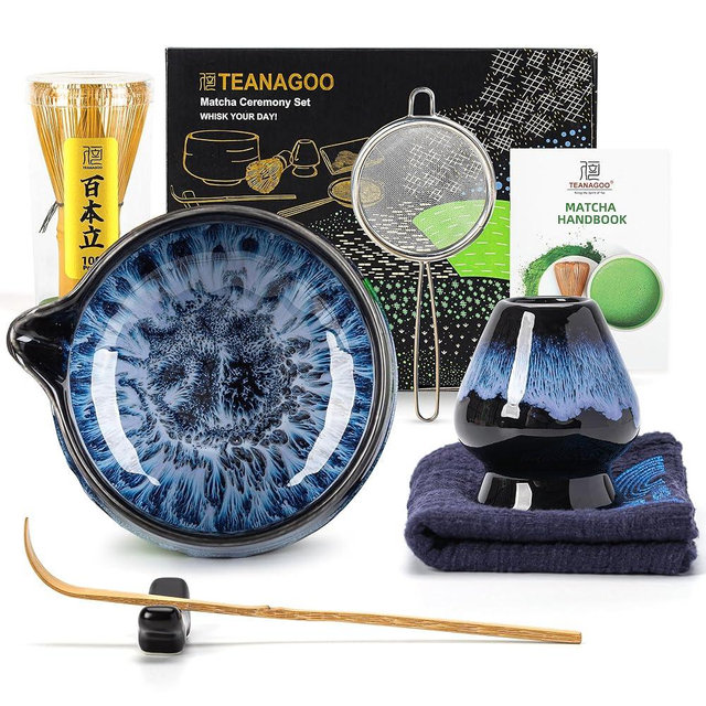 TEANAGOO 7 Pcs Matcha Whisk Set,Matcha Set for Ceremony,Matcha Kit Junware-Blue,Matcha Tea Set for Making Breakfast/Latte,Ceramic Bowl(chawan) whith Spout and Whisk,Gift for Matcha Lover