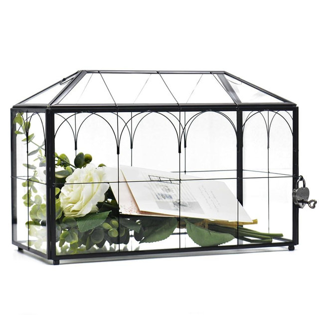 LargeBlack and Glass Card Box for wedding with Lock and Slot - Wedding Envelope Card Holder for Reception Clear Lock Box with Key Geometric Handmade Vintage Card Box for Wedding Party (Large-Black)