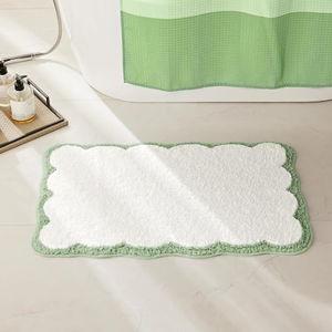 Ohocut Luxury Microfiber Bathroom Rugs, White Bath Rug with Sage Green Scalloped Piping Cute Aesthetic Spring Bath Mat for Bathroom, Tub, Floor Carpet, Sink, Shower, Anti Slip, Absorbent, 26x16