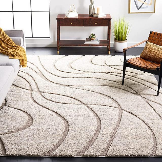 SAFAVIEH Florida Shag Collection 8' x 10' Cream/Beige SG471 Abstract Wave Non-Shedding Living Room Bedroom Dining Room Entryway Plush 1.2-inch Thick Area Rug