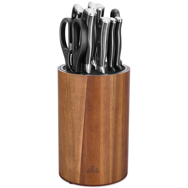 Enoking Universal Knife Block Holder with Plastic Lid, Acacia Wood Knife Block without Knives for Scissors, Sharpening Rod and Knives, Round Knife Storage Organizer Display