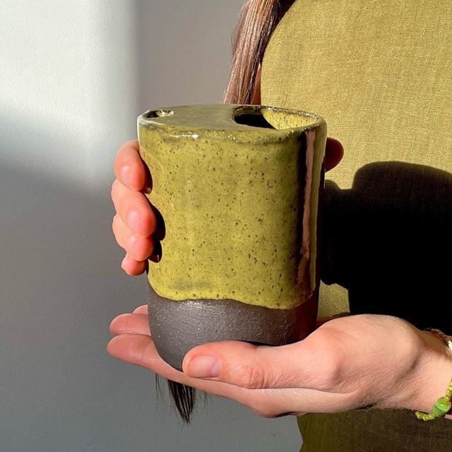 Handmade Ceramic Travel Mug – Matcha Green Collection, Stoneware Iced Coffee Sippy Cup, Earthy Pottery