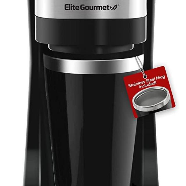 Elite Gourmet EHC113 Personal Single-Serve Compact Coffee Maker Brewer Includes 14Oz. Stainless Steel Interior Thermal Travel Mug, Compatible with Coffee Grounds, Reusable Filter, Black