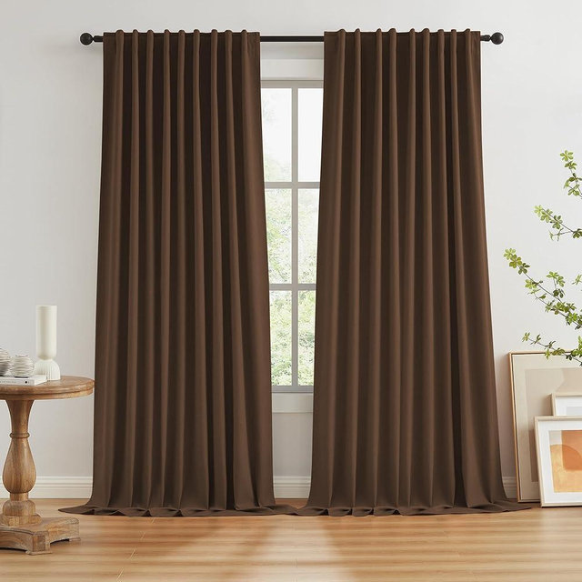 Brown Blackout Pleated Look Curtains 102 Inches Long 8.5 ft Length for Patio Sliding Door Living Room, 100% Light Blocking Linen Textured Curtains 72 Wide 2 PCs Back Tab Rod Pocket Hook Belt