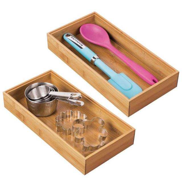 mDesign Bamboo Kitchen Cabinet Drawer Organizer Stackable Tray Bin - Eco-Friendly, Multipurpose - Use in Drawers, on Countertops, Shelves or in Pantry - 6" Wide, 2 Pack - Natural Wood Finish