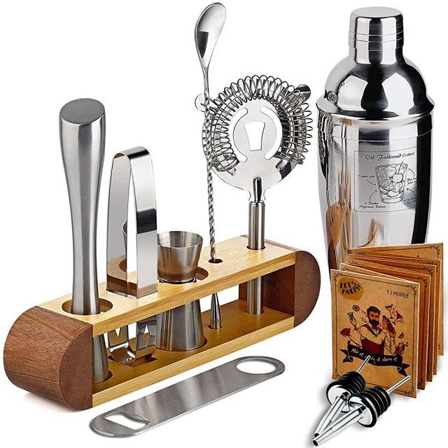 TJ.MOREE Bartender Kit with Stand, 11-Piece Bar Tool Set Cocktail Set Perfect Home Bartender Set and Martini Shaker Set for Drink Mixing Experience - Sapele