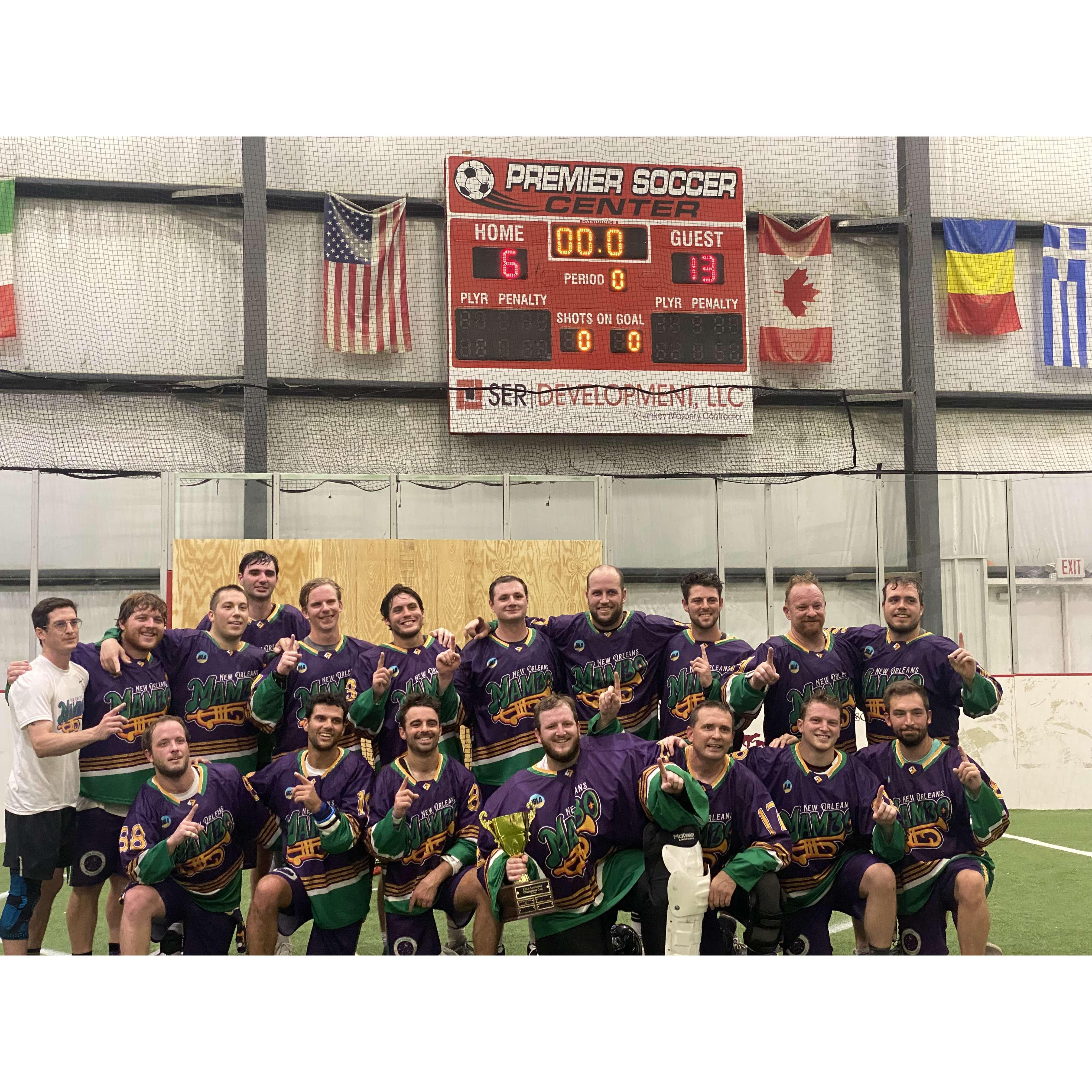 This is the New Orleans Mambo indoor professional lacrosse team. CHAMPIONS!!! Paul has been playing lacrosse for 40 years and loves this game. These guys are his extended family. GO MAMBO!!!