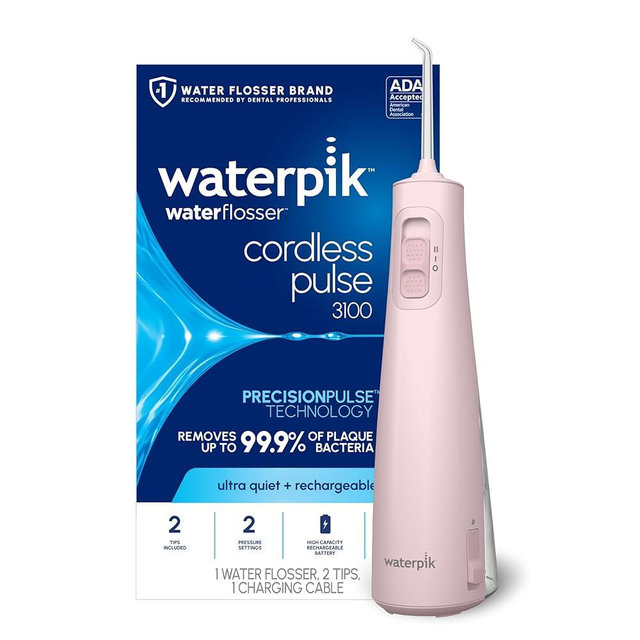 Waterpik Cordless Pulse Rechargeable Portable Water Flosser for Teeth, Gums, Braces Care and Travel with 2 Flossing Tips, Waterproof for Shower Use, ADA Accepted, WF-20 Pink, Packaging May Vary