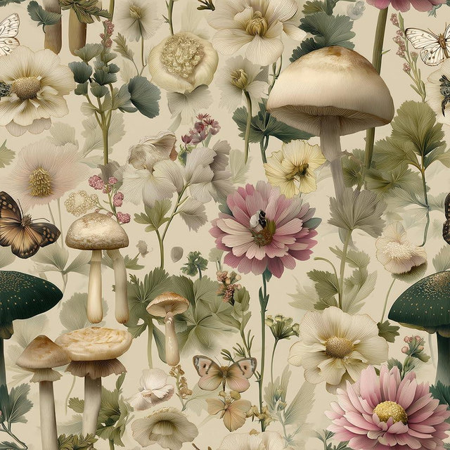 Cotevdkot Vintage Mushroom Floral Wallpaper,Peel and Stick Cottagecore Botanical Wall Mural with Butterflies,Boho Decor for Bedroom,Nursery,Living Room,17.7 * 118 Inch
