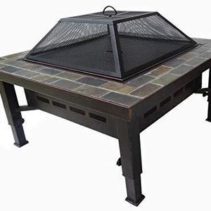 Global Outdoors 34-in Adjustable Leg Square Slate Top Fire Pit with Spark Screen, Weather Resistant Cover and Safety Poker