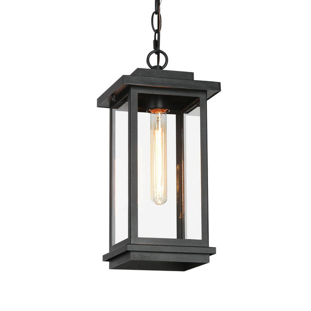 LNC 15" Square Cage Modern Outdoor Pendant Lamp Matte Black: Weather-Resistant, Glass Shade, E26 Socket, 60W