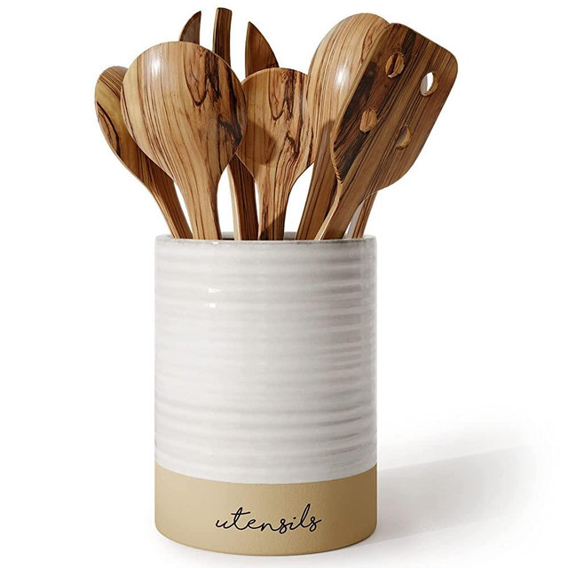 Barnyard Designs Ceramic Farmhouse Kitchen Utensil Holder for Countertop, Decorative Kitchen Utensil Holder, Large Kitchen Utensil Holder for Kitchen Counter, Utensil Crock Spatula Holder, 6.5" White