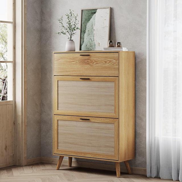 Buytime Natural Rattan Shoe Cabinet, Entryway Shoe Cabinet with 2 Flip Drawers and Hidden Cabinet, Boho Shoe Organizer Cabinet, Wooden Shoe Storage Cabinet for Entrance, Hallyway, Natural