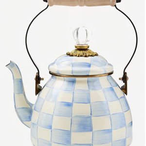 MACKENZIE-CHILDS Tea Kettle, 2 Quarts, Light-Blue-and-White Sky Check