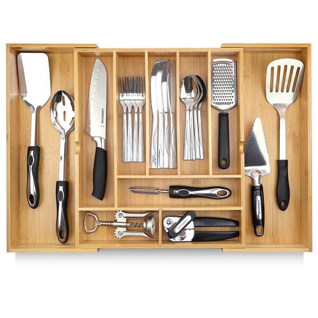 Pristine Bamboo Adjustable Kitchen Utility Drawer Organizer - 17” x 14.6” (expands up to 25 inches) - Wooden Expandable Utensil Divider (10 Compartments) - Stylish Way to Organize Silverware